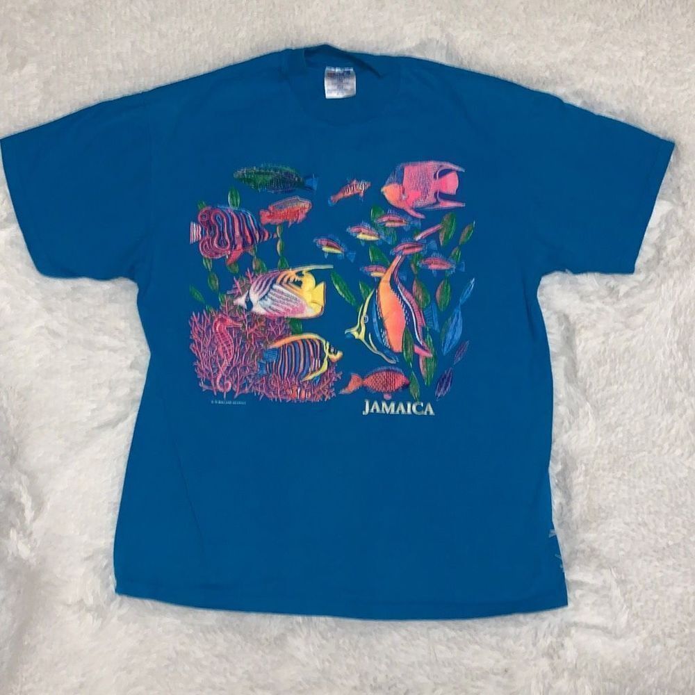 Vintage‎ Hanes Beefy-T Blue Graphic Jamaica Single Stitch T-Shirt Large